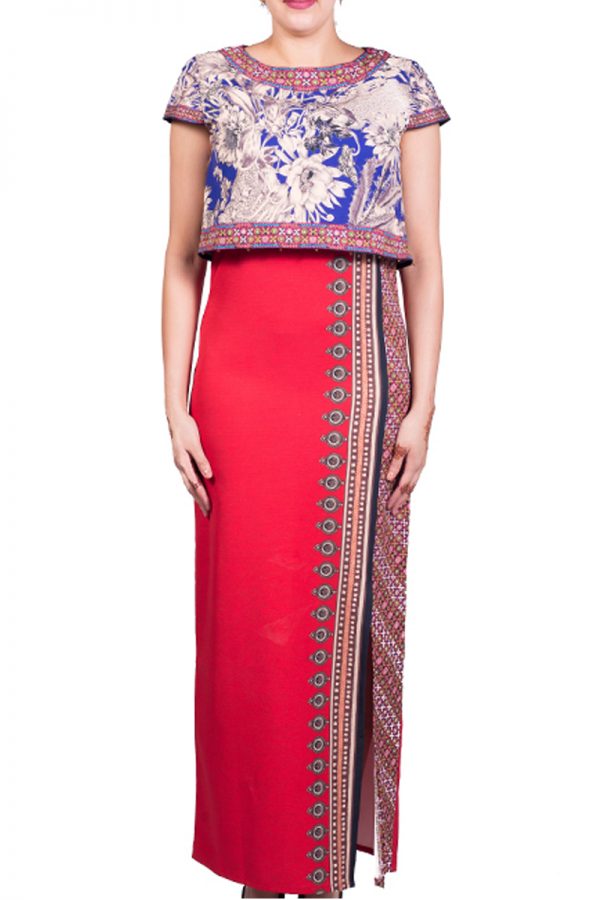 Red Dress Multi color floral high slit dress