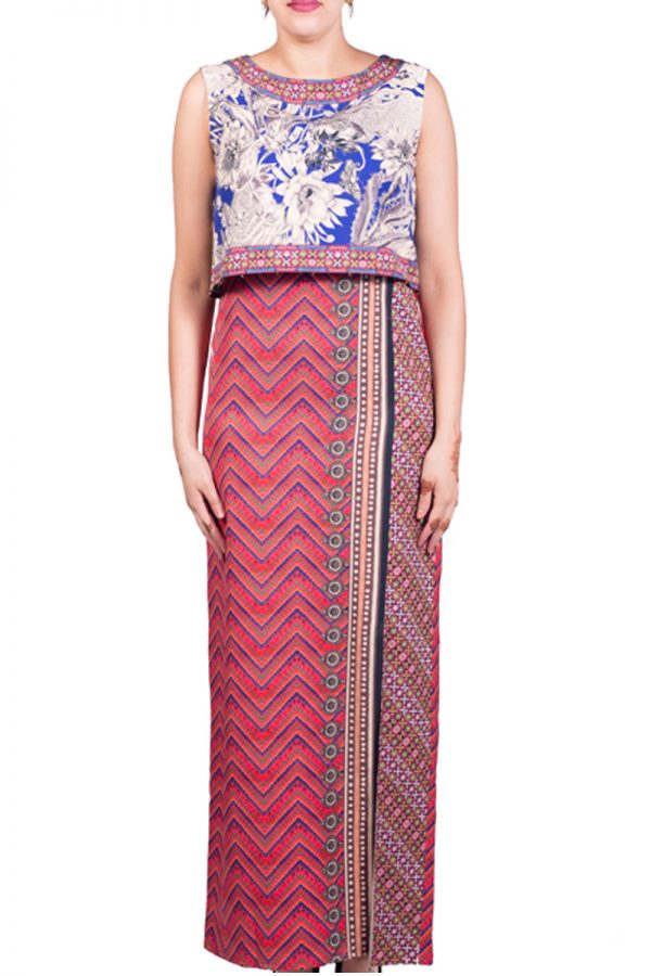 Red Chevron Printed high slit Dress
