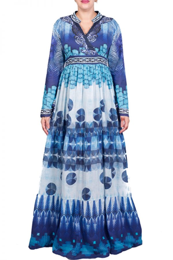 Blue V Neck Frill Dress