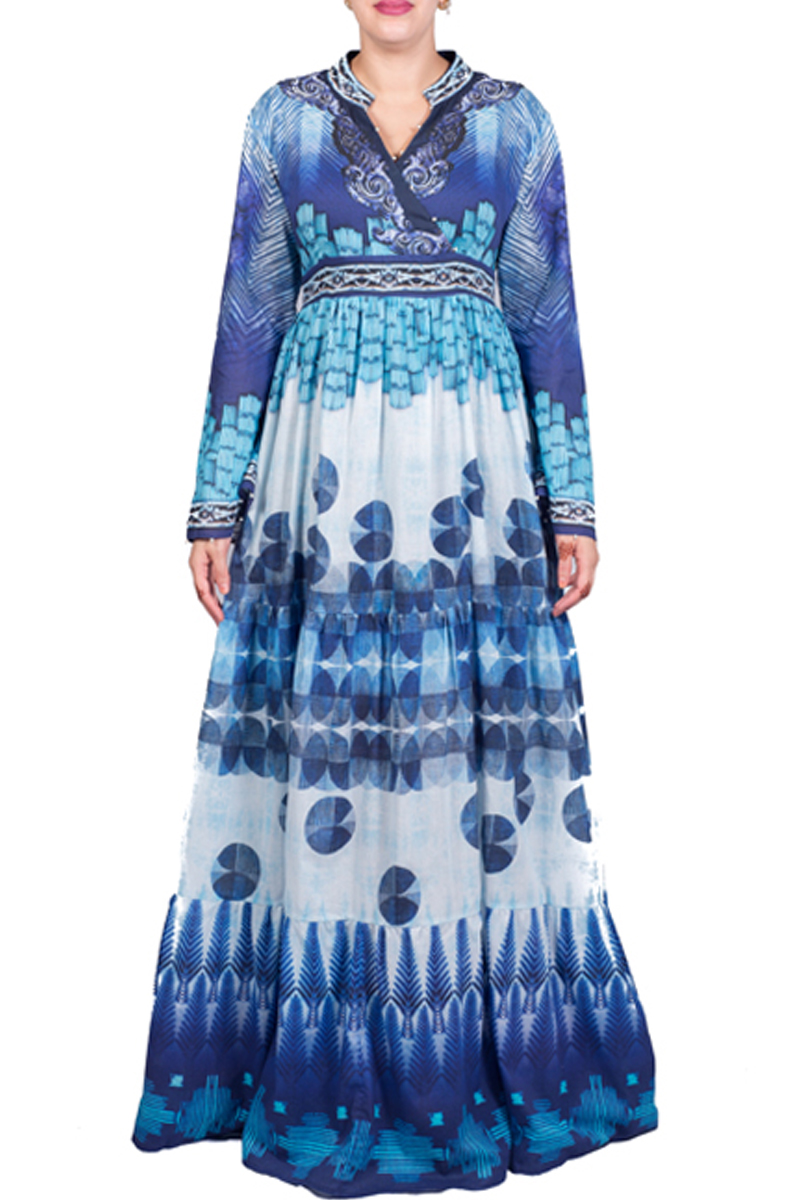 Blue V Neck Frill Dress