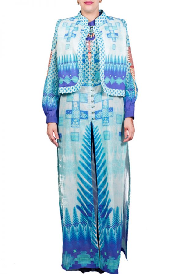 Blue Digital Printed Dress with Jacket
