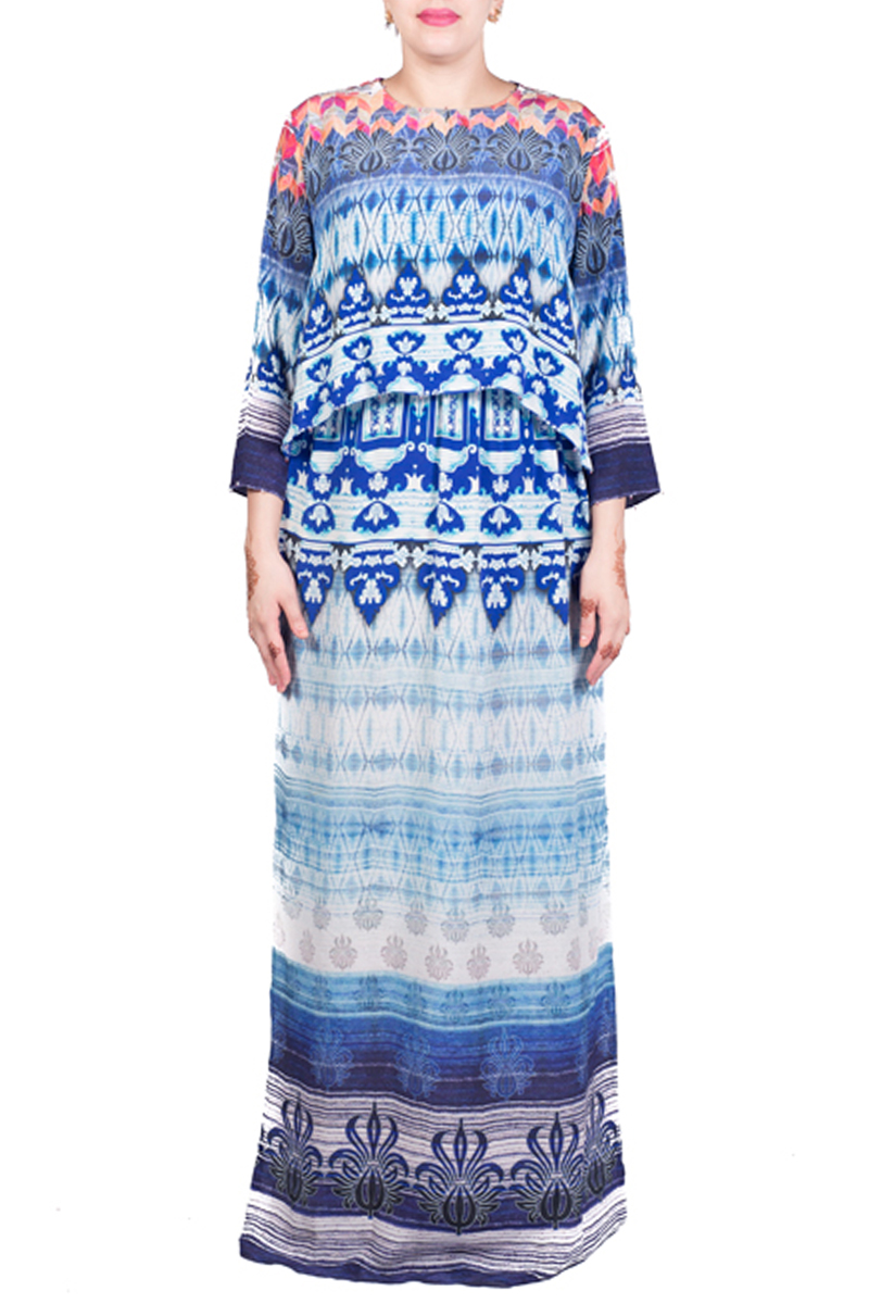 Blue and White Digital Printed Crop top Dress