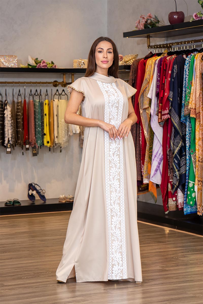 Beige Silk Lace Kaftan - Image 3