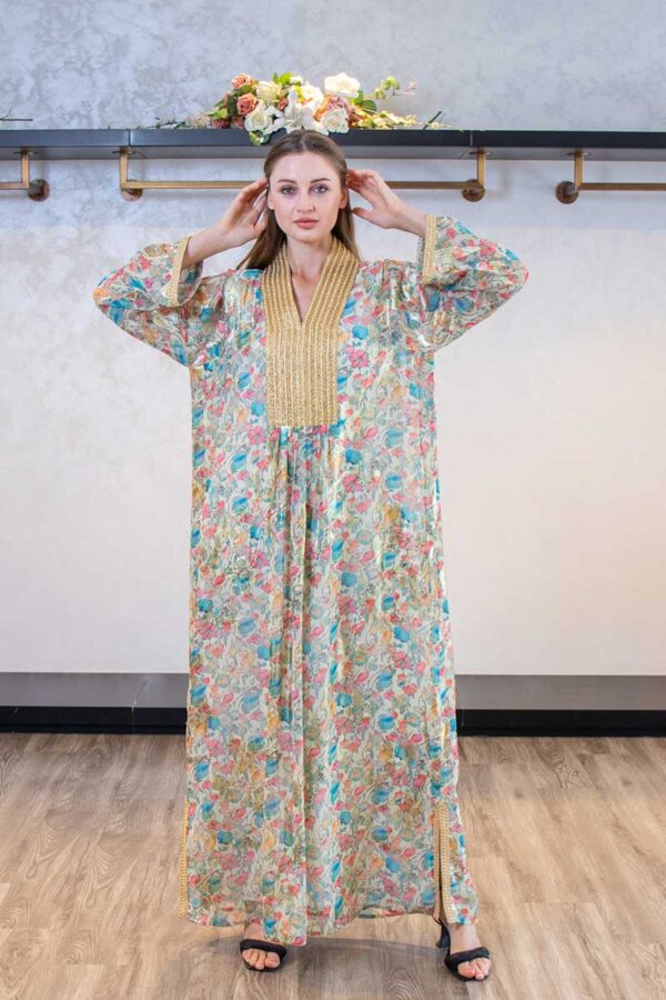 Floral Foil Kaftan Gold Neck