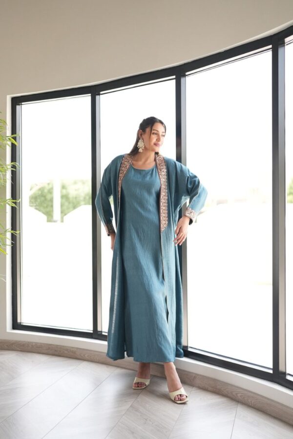 Teal Kaftan with Embellished Borders